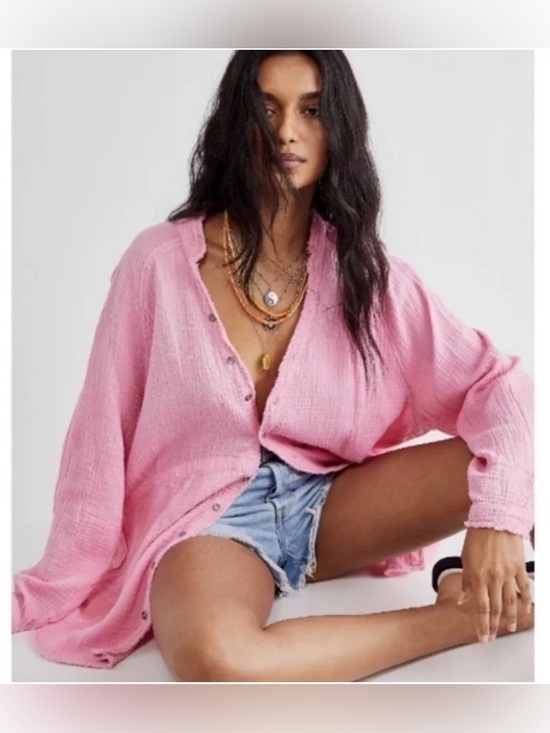 We The Free Tops - We The Free Daydream Buttondown Pink Gauze Top , M